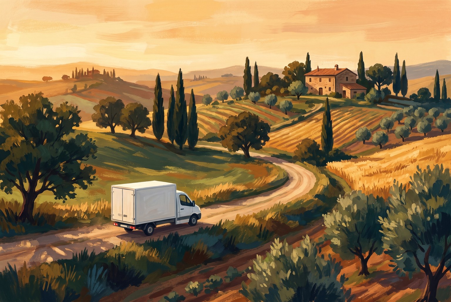 Illustrazione: un furgone per le consegne su una strada di campagna